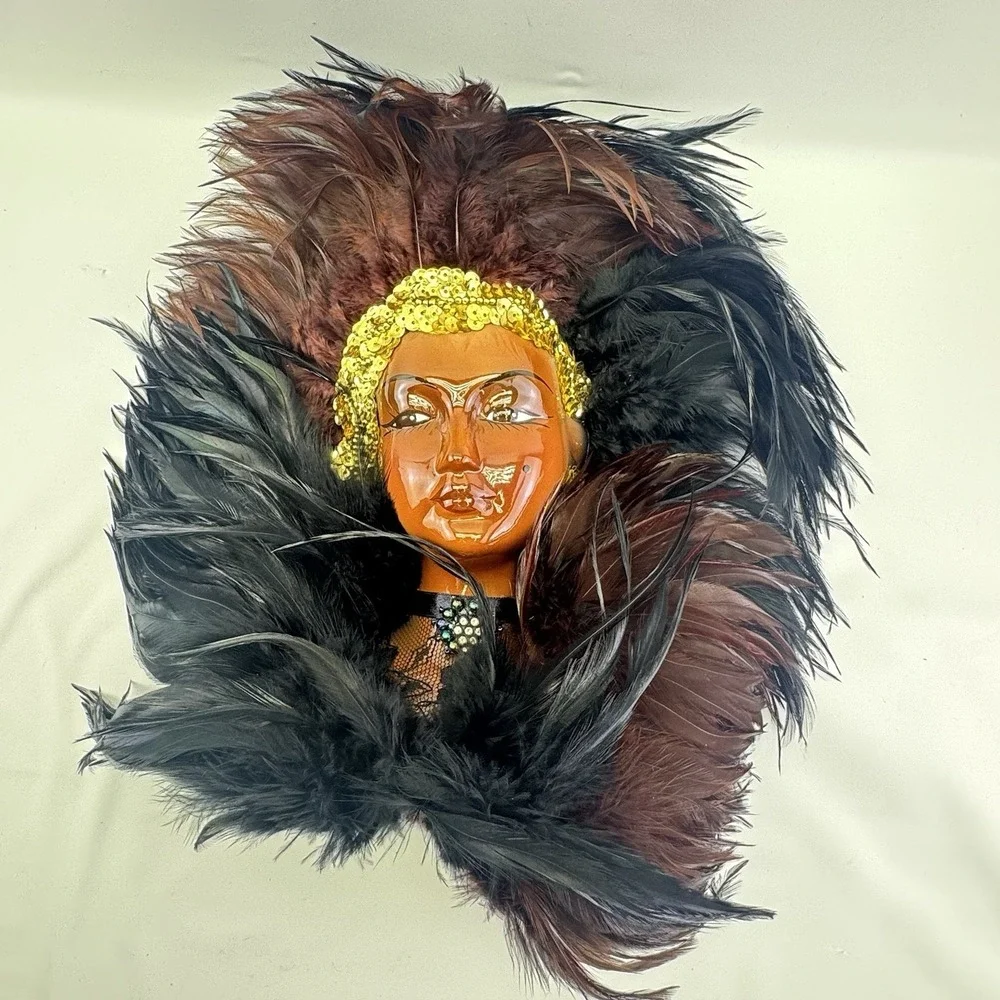 Vintage African American Porcelain Wall Mask Feather Headdress Black Queen
